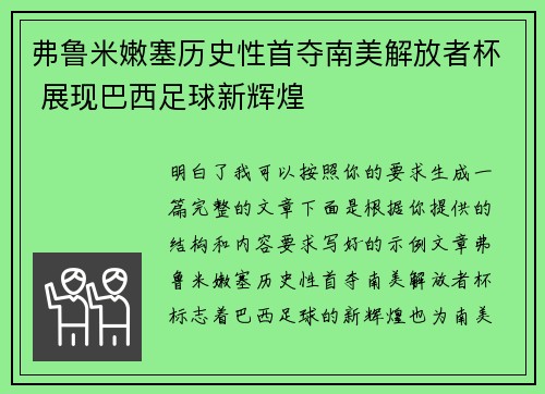 弗鲁米嫩塞历史性首夺南美解放者杯 展现巴西足球新辉煌