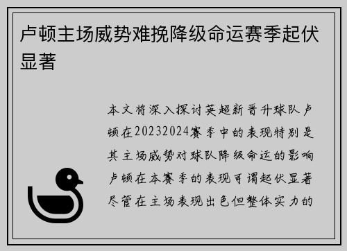 卢顿主场威势难挽降级命运赛季起伏显著